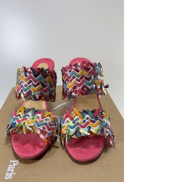 Meroine Pink Rainbow Woven 85mm raffia fringe heels mules D976 - Picture 3 of 11